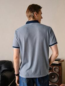 Men Blue Color Summer Celebration Season Navy Contrast Collar Vertical Striped Textured Polo Shirt For Knitted, Plain Short Sleeve - Blue - View 3