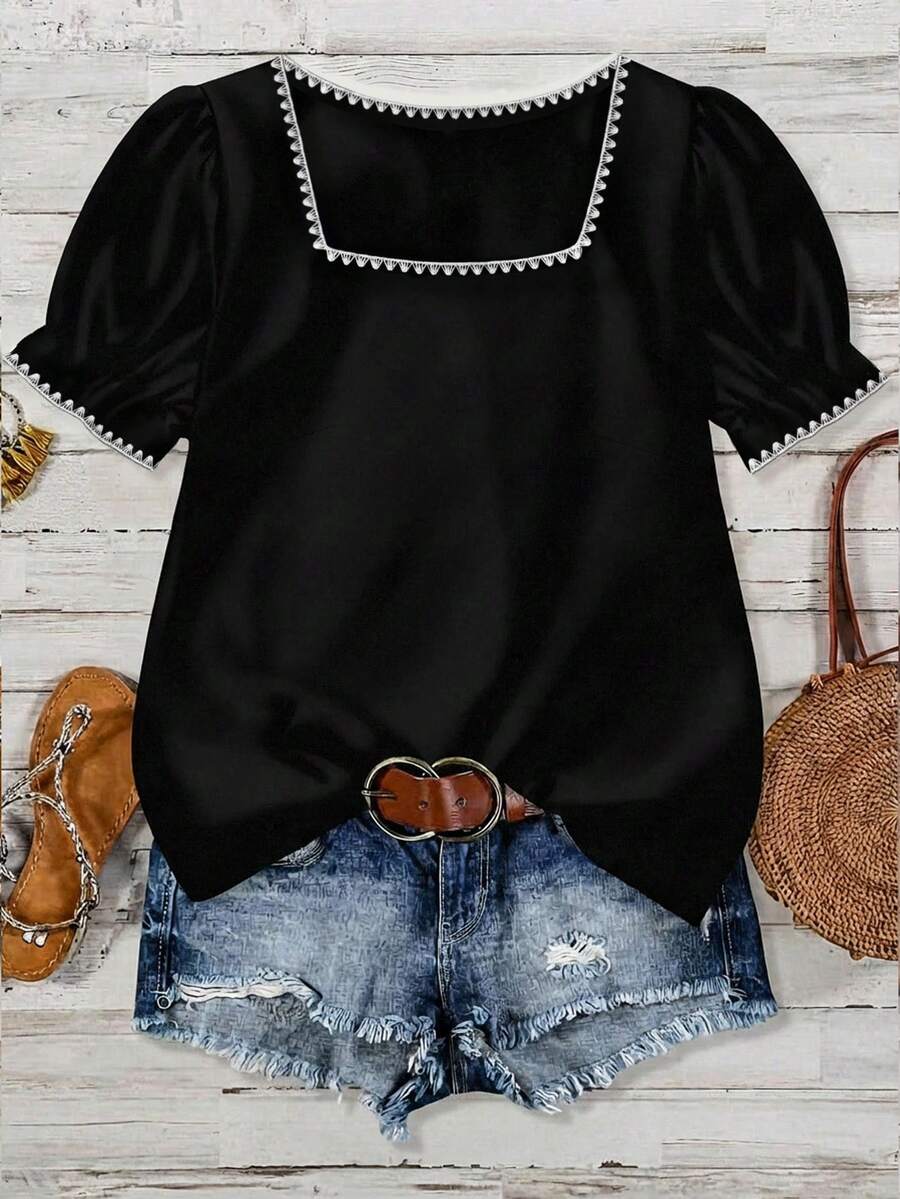 SHEIN VCAY Casual Minimalist Style White Shell Embroidered Decor Casual Square Collar Blouse, Suitable For Spring/Summer Vacation - Multicolor - View 1