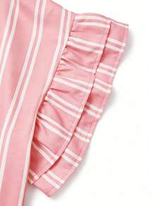 Linhara Women's Summer Striped Round Neck Ruffle Sleeve Retro Casual Blouse, Suitable For Weekend Shopping, Cafe Visits, Commuting To Work, Daily Wear - Pink - View 3