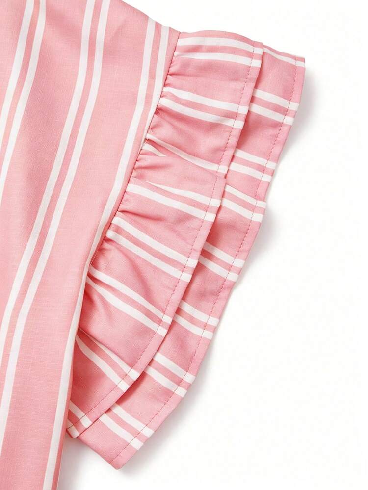 Linhara Women's Summer Striped Round Neck Ruffle Sleeve Retro Casual Blouse, Suitable For Weekend Shopping, Cafe Visits, Commuting To Work, Daily Wear - Pink - View 3