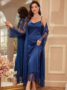SHEIN Sexy High Slit Robe & Elegant Robe 2-Piece Sleepwear Set For Women, Autumn/Winter - Royal Blue - View 5