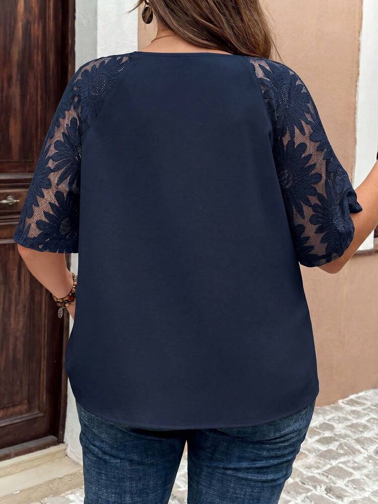 Plus Size Casual Solid Color Lace Patchwork Shirt
