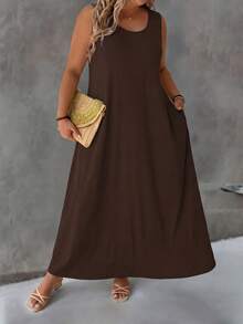 SHEIN LUNE Plus Size Round Neck Casual Printed Knit Dress - Brown - View 5