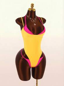 Amplova 1pc Women's Avant-Garde 2 In 1 Swimsuit,Contrasting Fuchsia And Yellow,Summer Gay Beach Outfits,Festival Elegant Casual Y2k Sports Set - Multicolor - View 3