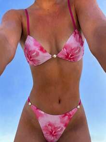 Bộ bikini mùa hè dành cho nữ, họa tiết hoa, kẻ caro xanh dương, phối màu tương phản ở ngực và eo, điểm nhấn là ngọc trai. - Nhiều màu - Xem 1