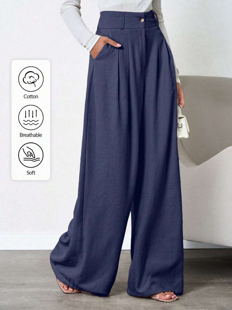 SHEIN Tall Quần vải lanh xếp ly sâu màu trơn cho nữ - Màu xanh hải quân - Xem 1