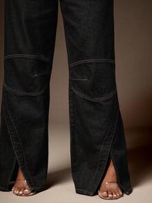 Vixey Jeans de pierna ancha de uso diario versátil y casual con bolsillos y botones para mujer - Azul lavado oscuro - Ver 3