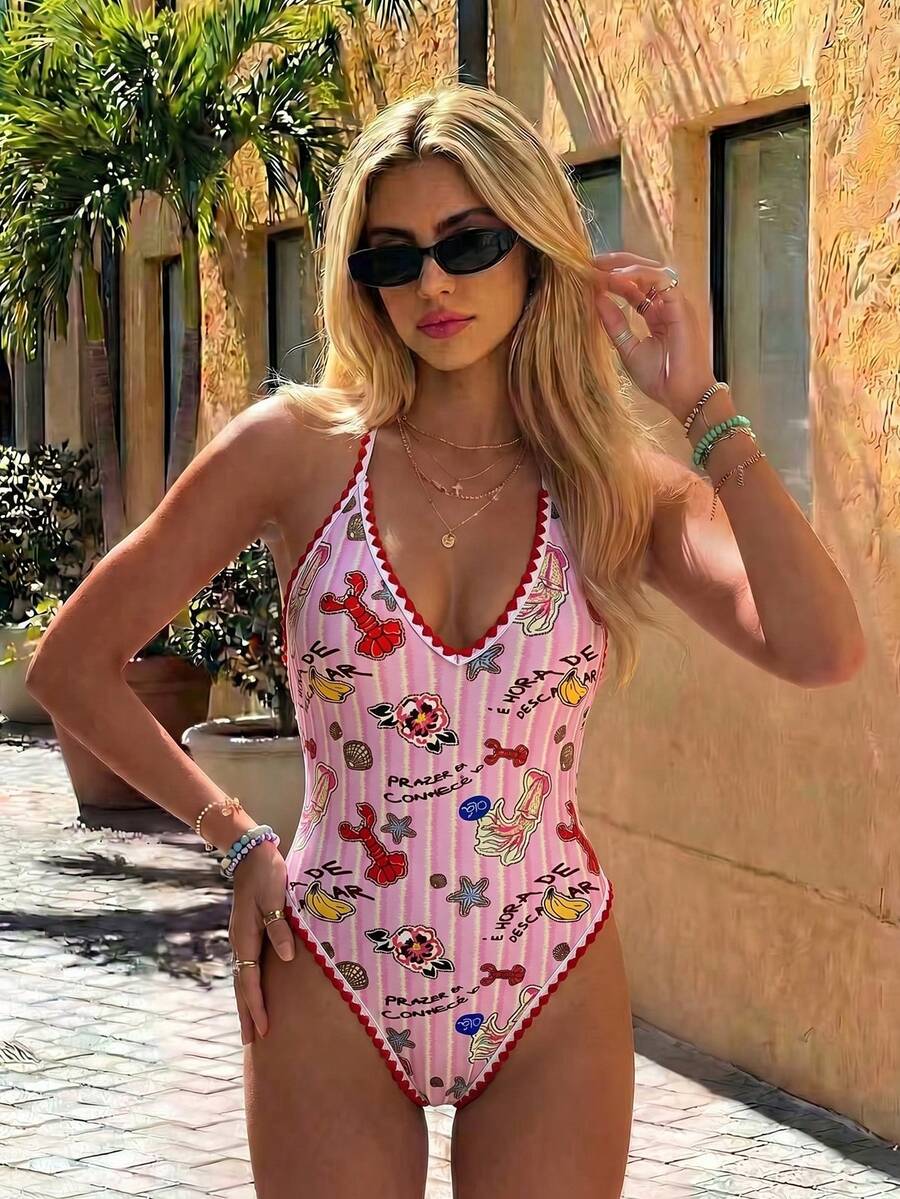 Swim Mod Women's Summer Beach Vacation Casual Cute Random Printed Ocean Starfish Contrast Color V-Neck One-Piece Swimsuit Pink - Multicolor - View 1