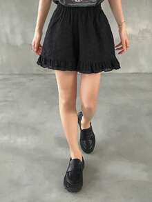 FRIFUL 女士夏季休闲网纱刺绣荷叶边短裤 - 黑色 - 查看 2