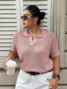 Dazy Plus Plus Size Women Collared Fitted Hollow Shiny Short Sleeve Knit Top, Pink, Spring/Summer - Pink - View 1