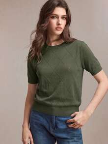 SHEIN BIZwear 新款春夏圆领菱形网眼图案防起球透气真丝混纺针织上衣，可叠穿或单穿，夏季百搭 - 墨綠色 - 查看 4