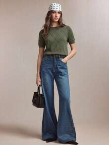 SHEIN BIZwear 新款春夏圆领菱形网眼图案防起球透气真丝混纺针织上衣，可叠穿或单穿，夏季百搭 - 墨綠色 - 查看 7