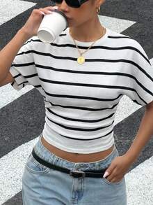 SHEIN EZwear 女士休闲通勤条纹蝙蝠袖修身短款针织上衣 - 黑與白 - 查看 10