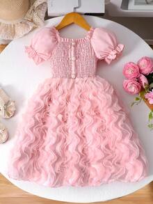 Glamorique Kids Đầm lưới tay cánh hoa đính cúc ngọc trai thanh lịch cho bé gái, chân váy xếp ly, thích hợp cho tiệc sinh nhật, mặc hàng ngày, mùa xuân/hè. - Hồng - Xem 8