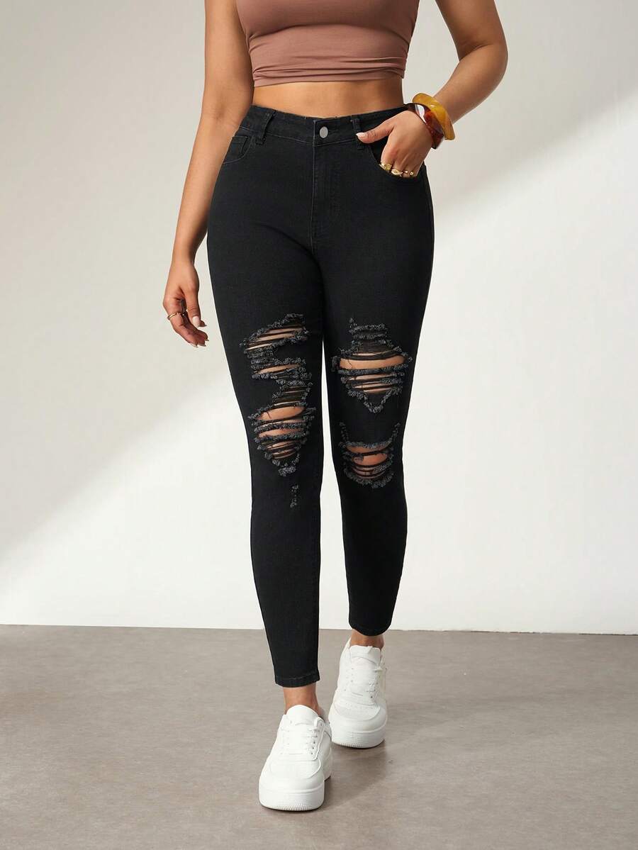 SHEIN ICON Jeans pitillo con bolsillos y cremallera para mujer - Negro - Ver 1