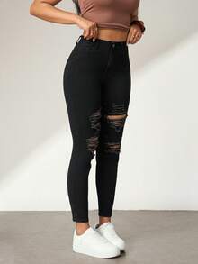 SHEIN ICON Jeans pitillo con bolsillos y cremallera para mujer - Negro - Ver 6