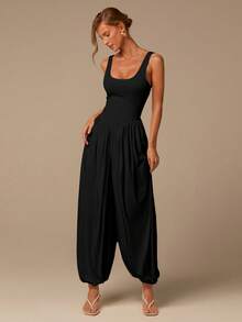 COSMINA Bộ jumpsuit không tay cổ chữ U, jumpsuit thanh lịch, jumpsuit mùa hè dành cho nữ, jumpsuit màu trắng, phù hợp cho mặc hàng ngày, phong cách đường phố, hẹn hò, ngày Valentine, chất liệu vải dệt kim co giãn. - màu đen - Xem 3