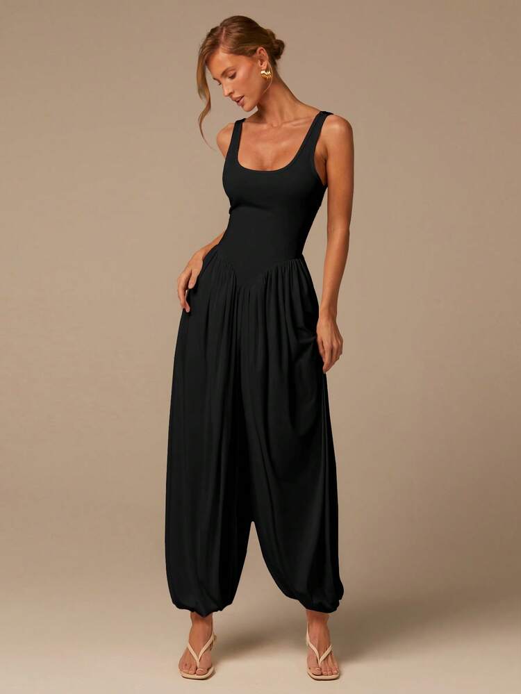 COSMINA U-Neck Sleeveless Jumpsuit, Elegant Women's Summer White Suitable For Daily Wear, Street Style, Dates, Valentine's Day, Knit Stretchy Fabric - Black - View 3