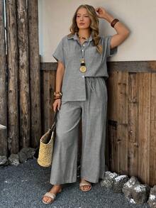 Linhara CURVE Ensemble 2 pièces grande taille, chemise en coton élégante et décontractée avec poches pour le travail/printemps/été/automne et pantalon droit en coton - Noir - Voir 4
