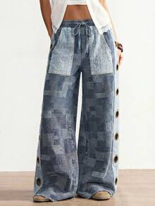Bohemela Quần jeans ống rộng dáng suông, họa tiết graffiti đường phố, kiểu dáng thường ngày dành cho nữ, có khuy bấm bên hông. - Nhiều màu - Xem 1