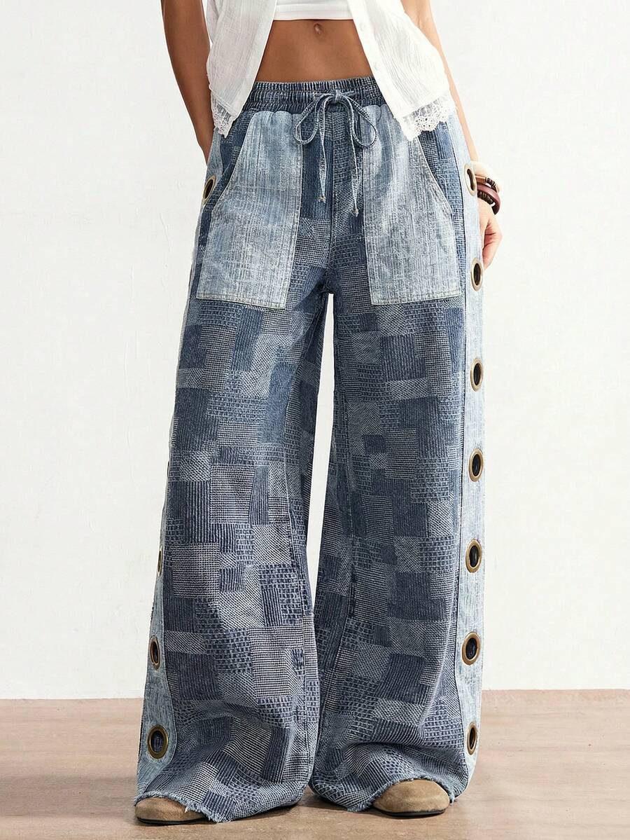 Bohemela Quần jeans ống rộng dáng suông, họa tiết graffiti đường phố, kiểu dáng thường ngày dành cho nữ, có khuy bấm bên hông. - Nhiều màu - Xem 1