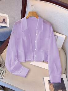 GlowEve Áo sơ mi nữ tay ngắn chất liệu chiffon có túi và cúc - Màu tím hoa cà - Xem 6