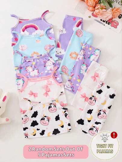 Set de 5 piezas de pijama de body y pantalones cortos con estampados de unicornio, moño, arcoíris y vaca para niñas bebés, paquete sorpresa de caja ciega