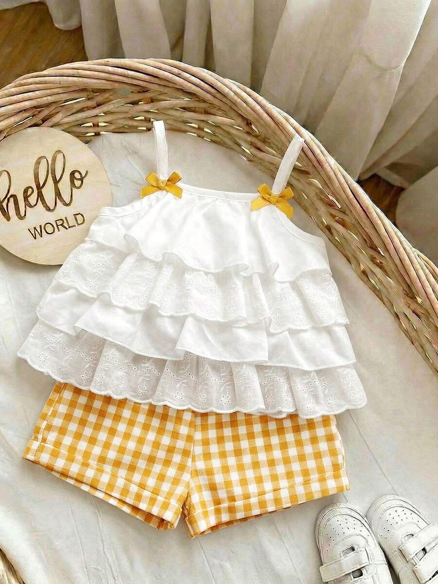 Babygirl Summer Cute Vacation Ruffle Camisole Top And Plaid Shorts Set - Yellow - View 1