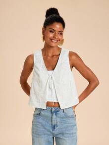 Travachic Women's Floral Embroidery Pattern Lace-Up Casual Versatile Daily Wear Top - White - View 5
