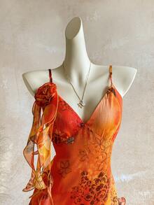 Soleia Plus Size Vintage Bohemian Animal Print Orange Jellyfish Ruffle Trim Shiny Chiffon Dress Beach Vacation Summer - Multicolor - View 3