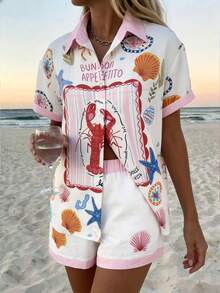 Vaclyn Women's Letter & Lobster Print Button-Up Top And Shorts Casual Outfit - White - View 3