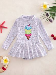 SHEIN Young Girl Full Print One-Piece Swimsuit, Suitable For Beach Vacation, Pool Party, Beach Party - Pink - View 1