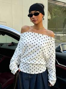 Muchica Áo sweatshirt nữ dáng casual tối giản, nền trắng, họa tiết chấm bi đen khắp áo, thiết kế vai bất đối xứng, chất liệu nhẹ, đa năng cho mùa xuân/hè, phù hợp mặc trong nhà, là trang phục mùa hè. - Nhiều màu - Xem 3