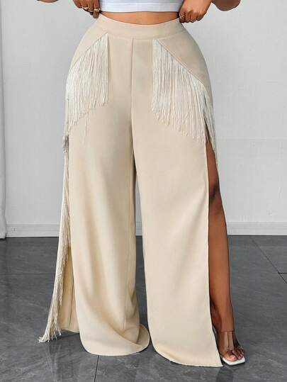 Maweii Quần ống loe dáng rộng có tua rua xẻ tà dành cho nữ cỡ lớn