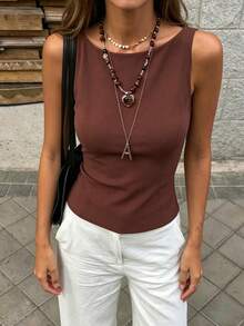 Cévolie Women's Summer Solid Color Minimalist Sexy Backless Halter Camisole - Rust Brown - View 2