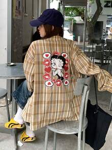 DAZY Camisa de mujer de manga larga con estampado de cuadros y dibujos animados - Caqui - Ver 1