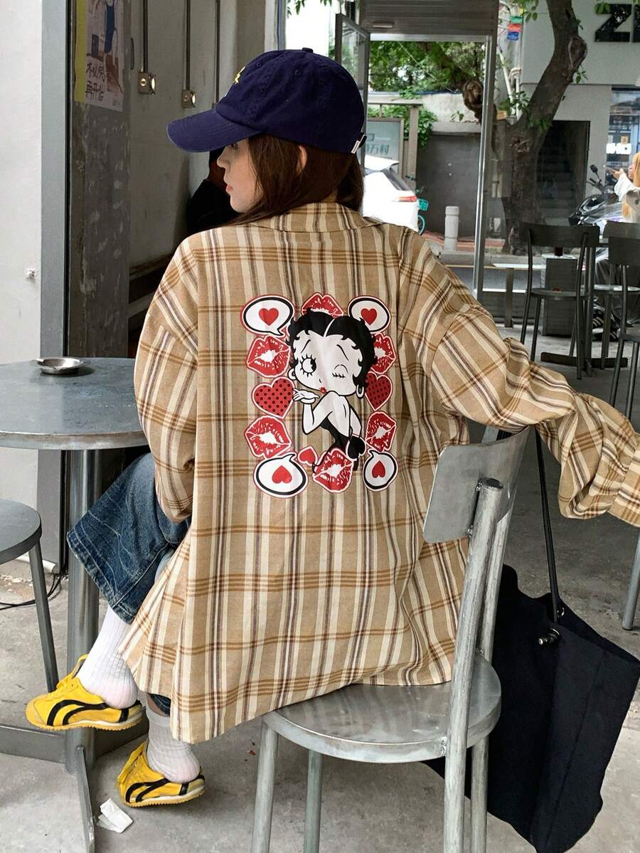 DAZY Camisa de mujer de manga larga con estampado de cuadros y dibujos animados - Caqui - Ver 1