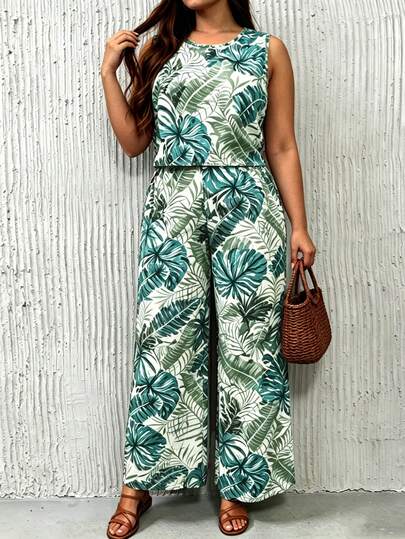Breezaya Bộ đồ thể thao cỡ lớn gồm áo không tay và quần ống đứng in họa tiết thực vật, thích hợp cho mùa xuân/hè.