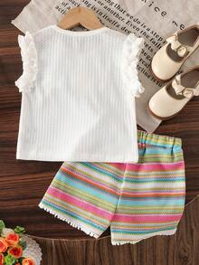 SHEIN Elladie kids 两件套女童夏季休闲套装，饰有色彩缤纷的3D立体花卉图案，荷叶边袖口，针织面料，适合休闲、度假、运动、周末购物、野餐、海滩派对等场合。 - 白色 - 查看 3