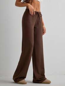 Women's Casual Black Wide Leg Fabric Pants With Drawstring Detail Long Medium Stretch - Brown - View 3