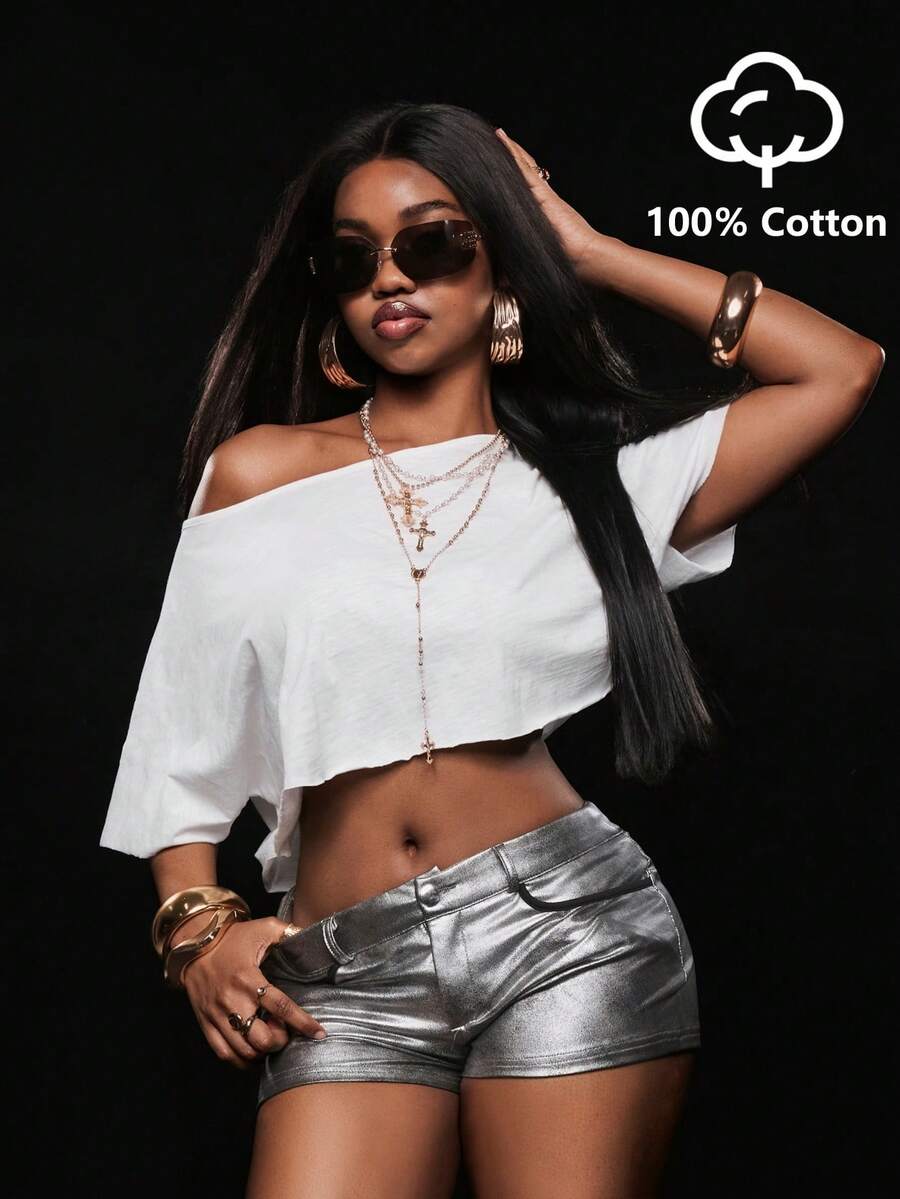 Vadaroq Women's Spring/Summer Streetwear Chic Y2K Daily Wear Graphics Asymmetrical Neck Crop T-Shirt - White - View 1