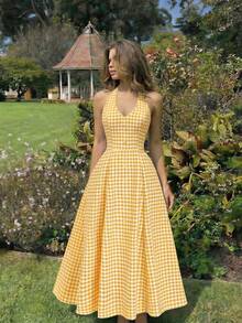 SHEIN MOD Đầm nữ thời trang đa năng họa tiết kẻ caro buộc dây cổ yếm - Màu vàng - Xem 2