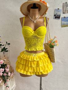 Soleia Women's Yellow Lace Camisole For Vacation - Yellow - View 4