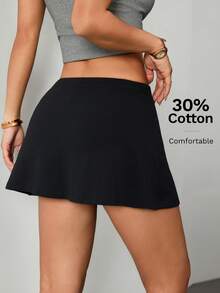 SHEIN PETITE 女士纯黑色A字休闲短裙套装，含打底裤，舒适棉质面料，适合圆润身材和娇小身材。 - 黑色 - 查看 12