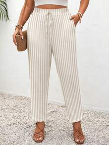 SHEIN Frenchy Quần nữ cỡ lớn kẻ sọc có dây rút ở eo và túi, kiểu dáng thường ngày. - Nhiều màu - Xem 1