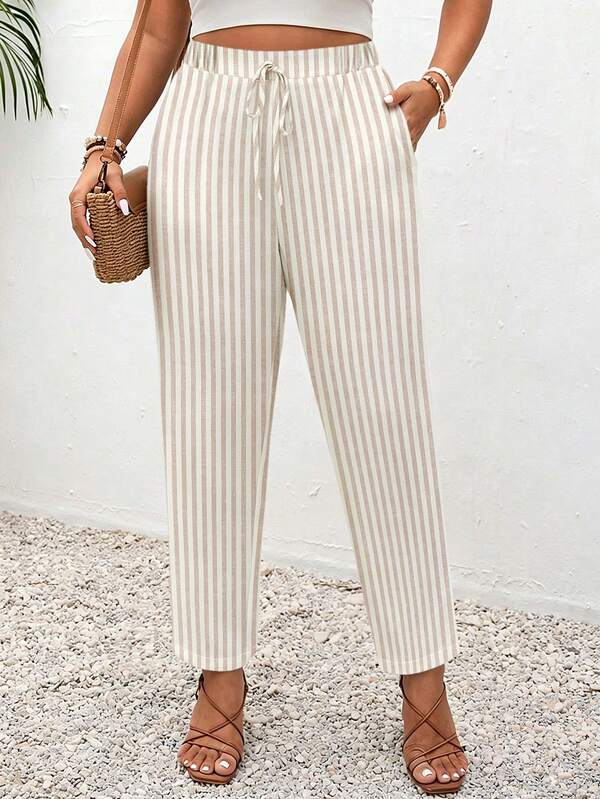 SHEIN Frenchy Plus Size Women White Drawstring Waist Pockets Casual Pants Business Office Beach Formal Outfits For Style Pant Autumn Fall