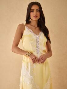 Silquee Women's Spring/Summer Satin & Lace Patchwork Camisole - Yellow - View 4