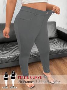 SHEIN PETITE Casual Minimalist Solid Color Elastic Waist Slim Fit Skinny Pants - Dark Grey - View 1
