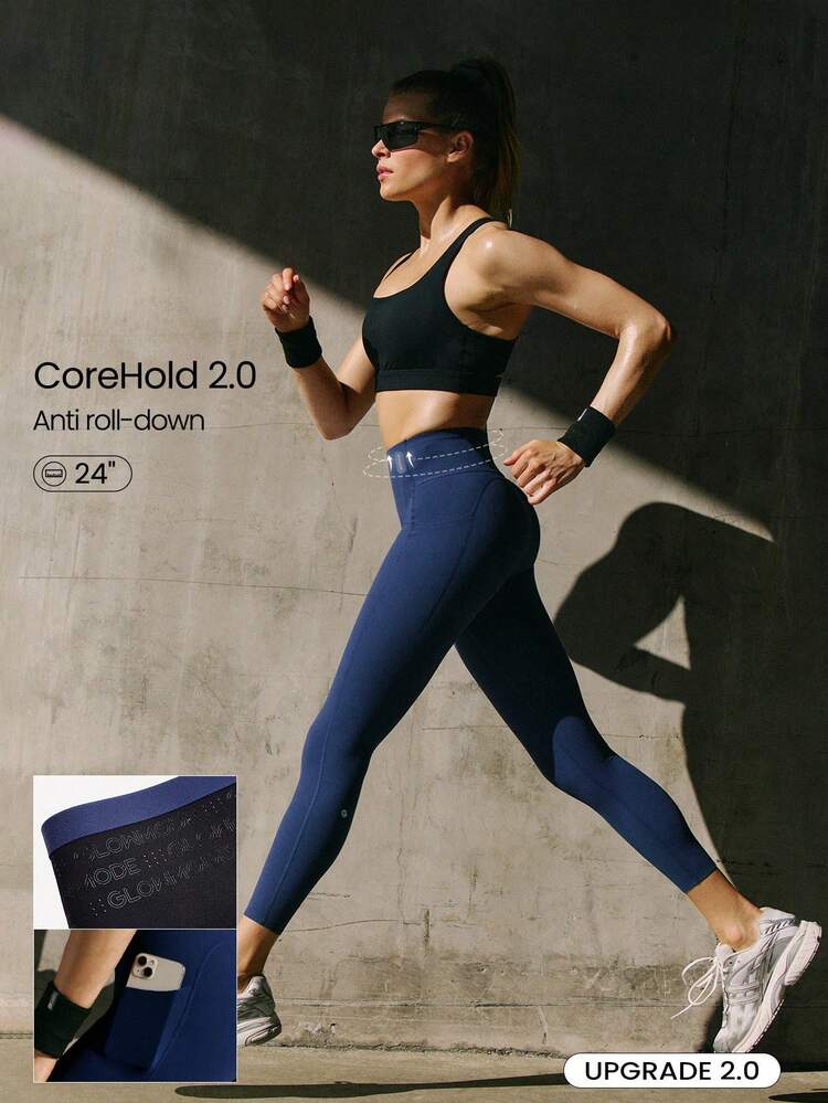 24" FeatherFit™-Sculpt Sweat-O-Clock Compressive Anti-Roll Tummy Control No Front Seam Side Pockets Leggings Low Impact Training Running Workout Gym