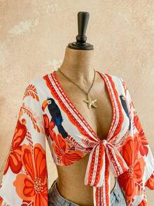 Soleia Camisa casual de vacaciones con estampado de leopardo, manga acampanada con volantes en los puños y nudo delantero - Naranja - Ver 3